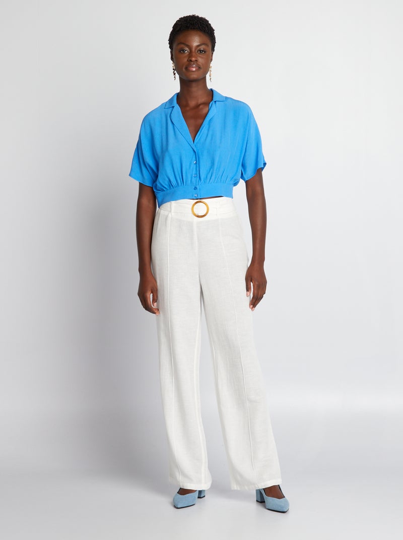 Wijde linnen broek met hoge taille WIT - Kiabi
