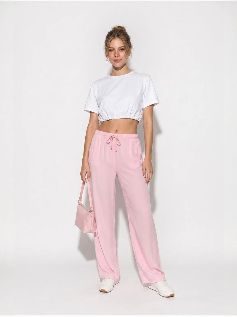 Wijde lyocell broek lucci Roze - Kiabi