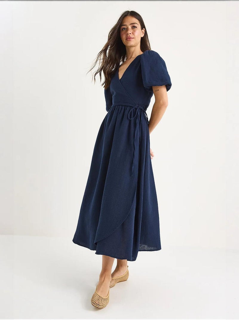Wikkeljurk met lange mousseline en ballonmouwen lucci Marineblauw - Kiabi