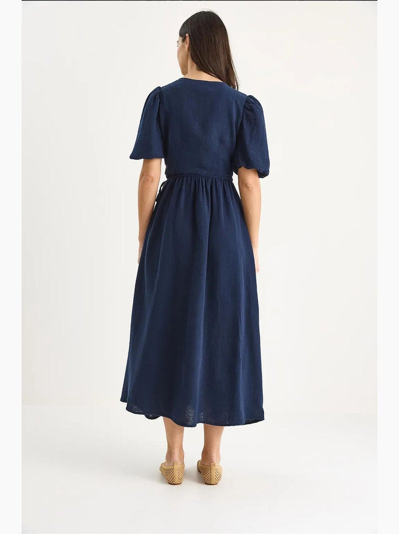 Wikkeljurk met lange mousseline en ballonmouwen lucci Marineblauw - Kiabi