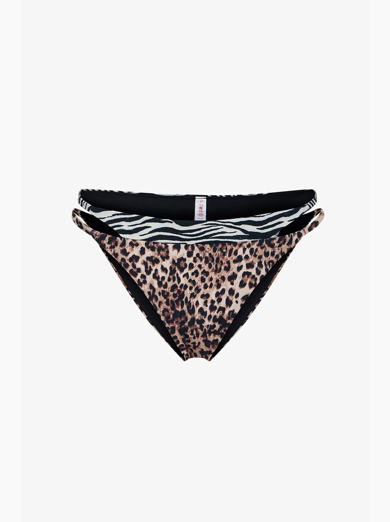 Wild bikinibroekje met gelaagde zijkanten en luipaardprint, middelhoge taille penti Zwart Wit - Kiabi