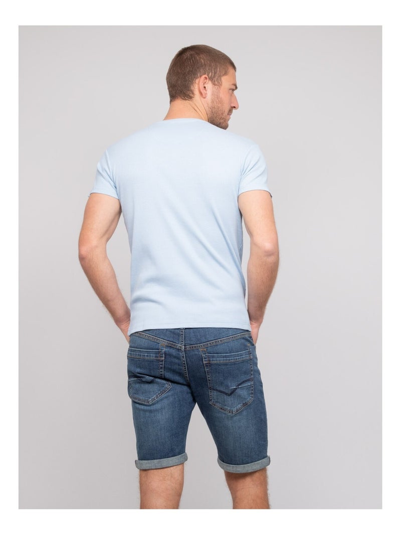 William geribbeld katoenen t-shirt met v-hals Hemelsblauw - Kiabi