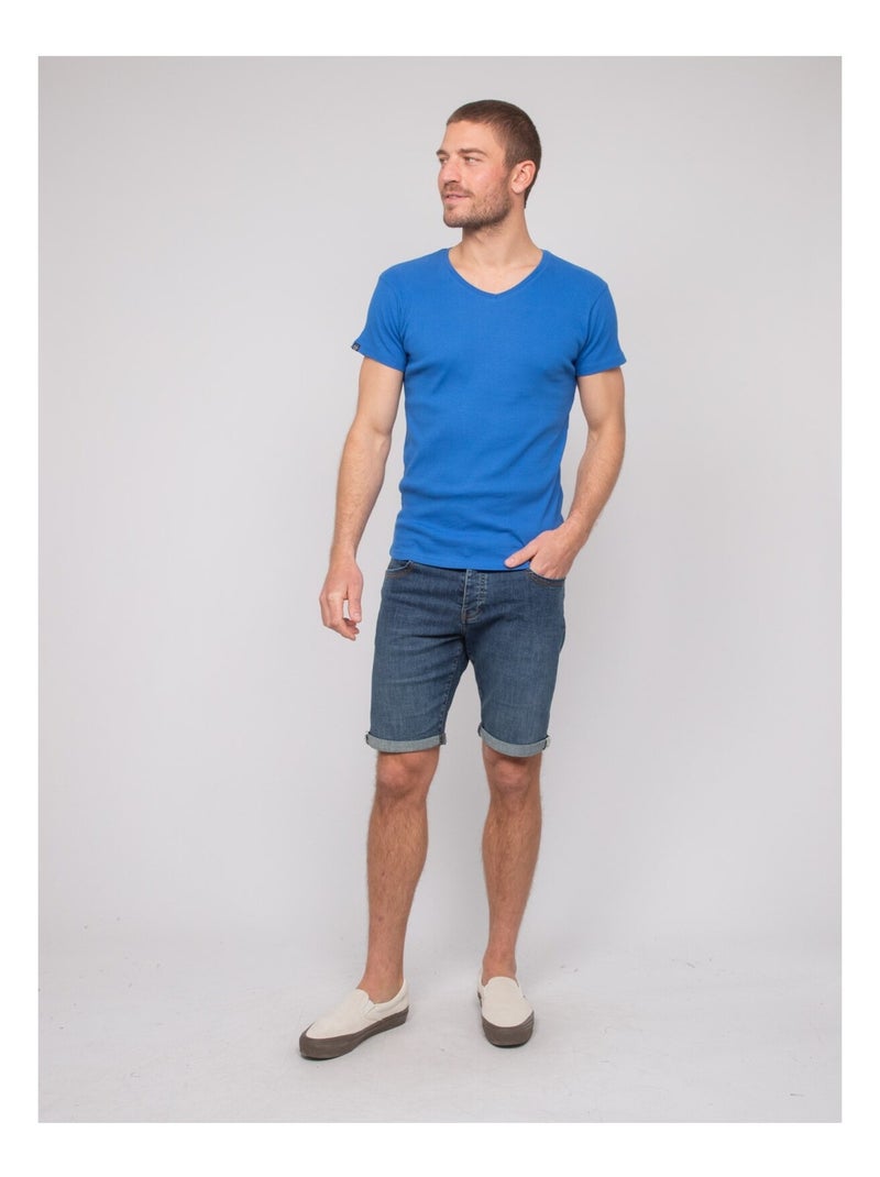 William geribbeld katoenen t-shirt met v-hals Koningsblauw - Kiabi