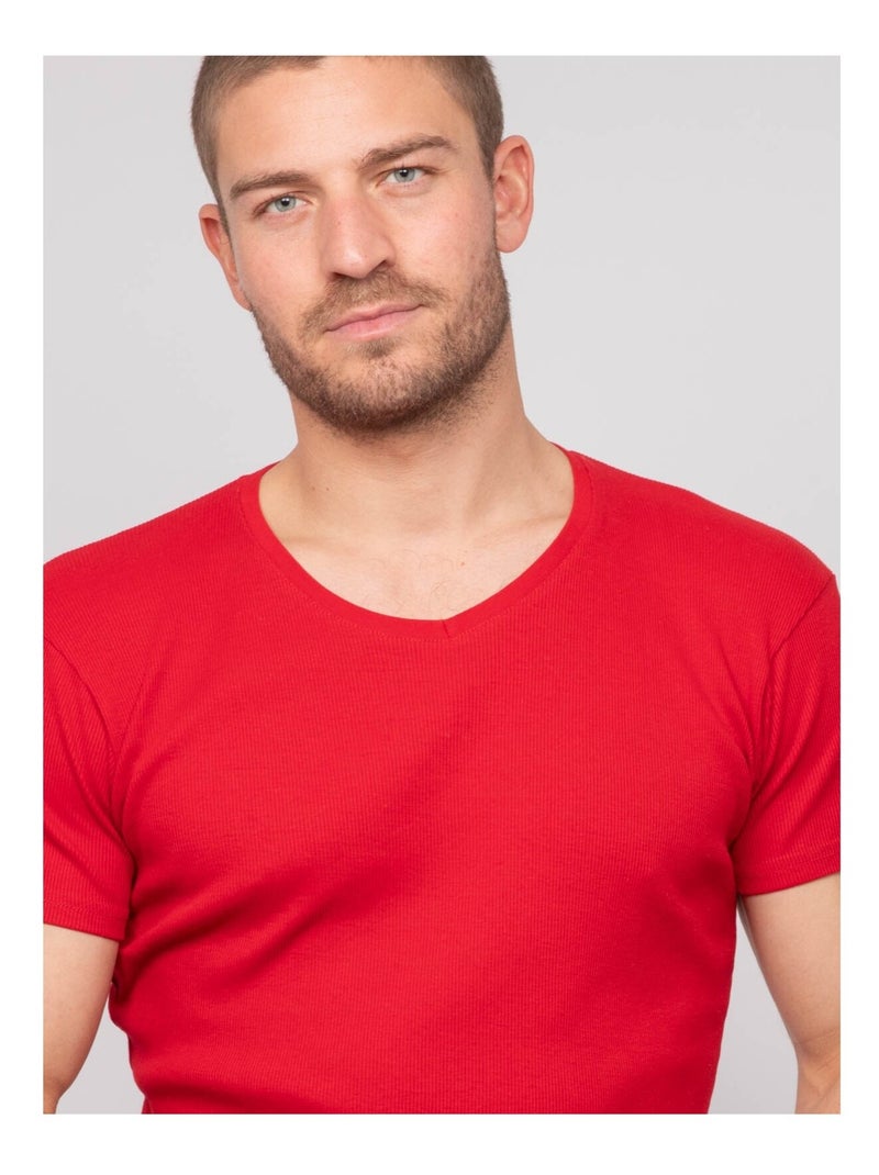 William geribbeld katoenen t-shirt met v-hals Rood - Kiabi