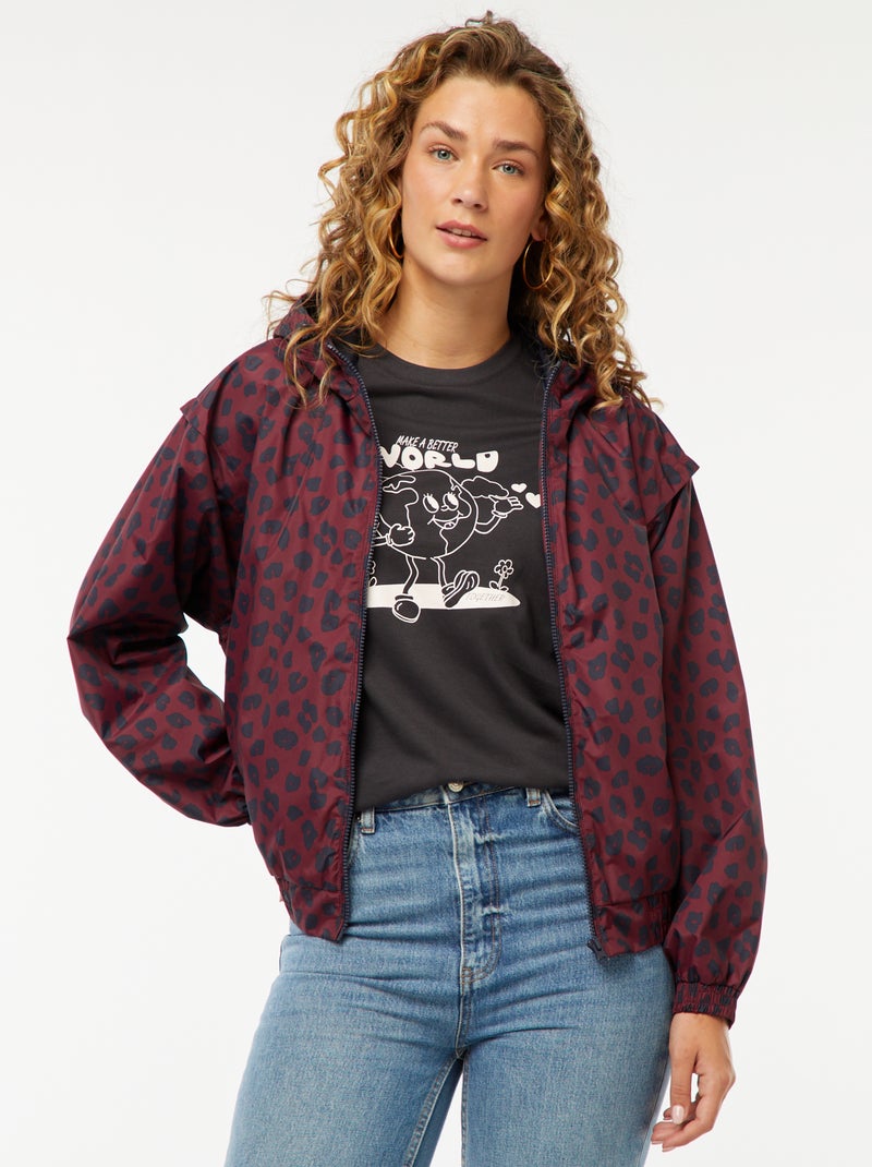 Windjack met capuchon en luipaardmotief Rood - Kiabi