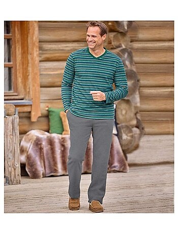 Winterpyjama met V-hals van gestreept microfleece - ATLAS FOR MEN
