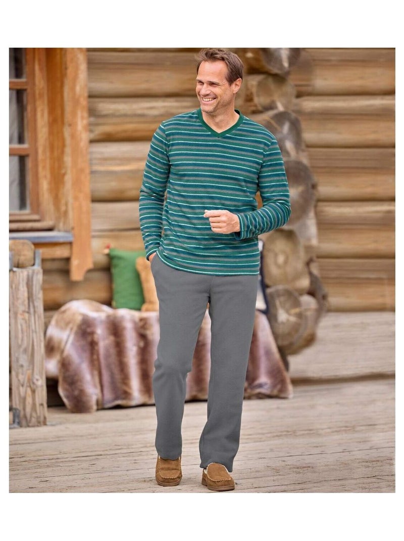Winterpyjama met V-hals van gestreept microfleece - ATLAS FOR MEN Blauwgrijs - Kiabi