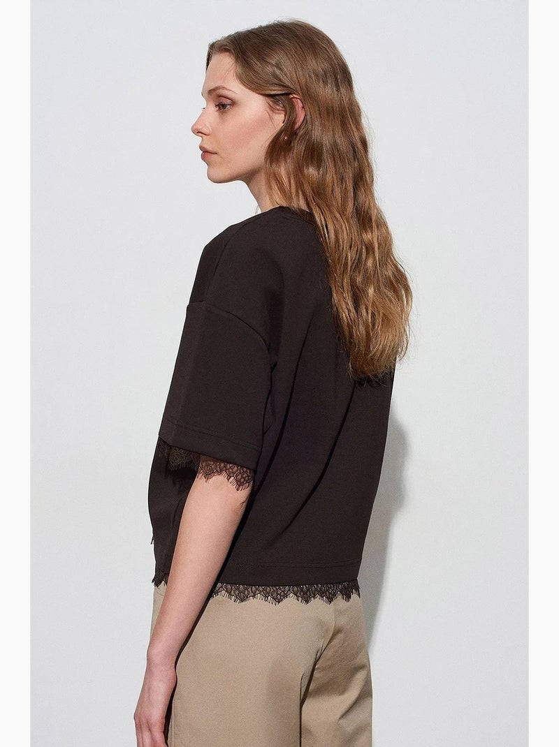 Women's katoenen t-shirt met elastaan en ronde hals dilvin Donkerbruin - Kiabi