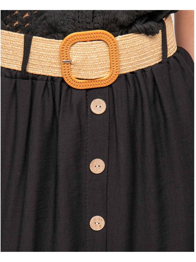 XETO lange rok met knoopsluiting en riem Zwart - Kiabi