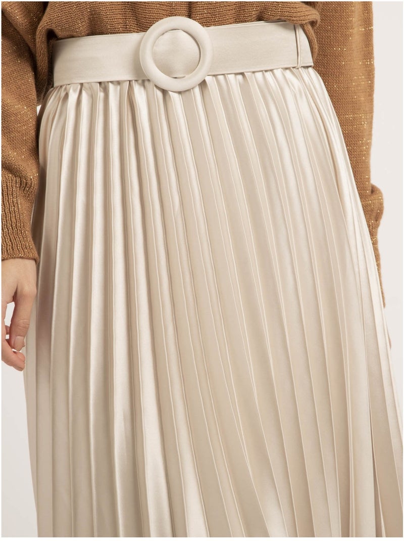 Xolia geplooide satijnen midi-rok en riem Beige - Kiabi