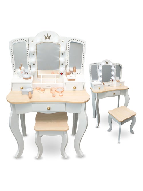 Xxl houten kaptafel voor kinderen met krukje, led-verlichting en accessoires - Kiabi Xxl houten kaptafel voor kinderen met krukje, led-verlichting en accessoires - Kiabi