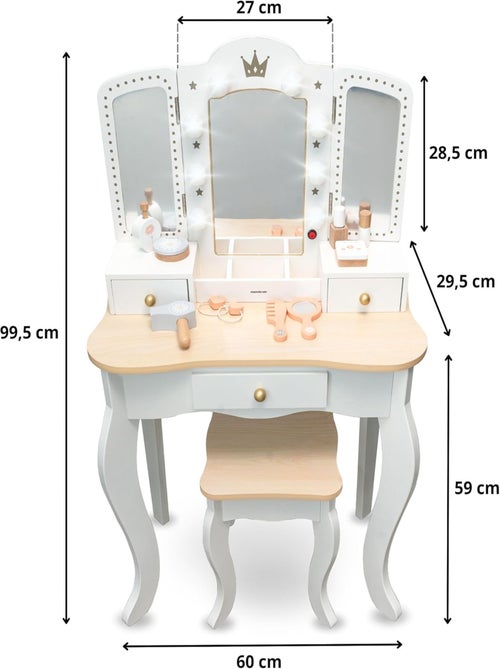 Xxl houten kaptafel voor kinderen met krukje, led-verlichting en accessoires - Kiabi Xxl houten kaptafel voor kinderen met krukje, led-verlichting en accessoires - Kiabi