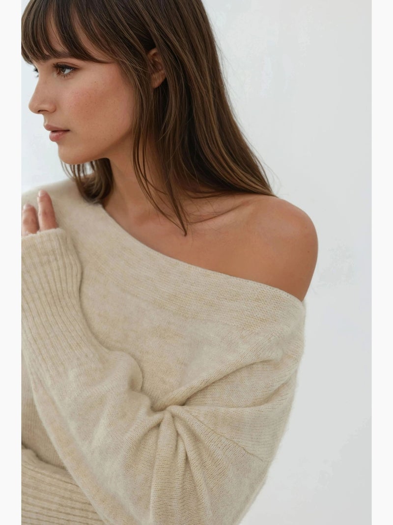 Zacht getextureerde off-shoulder gebreide trui hiccup Crème - Kiabi