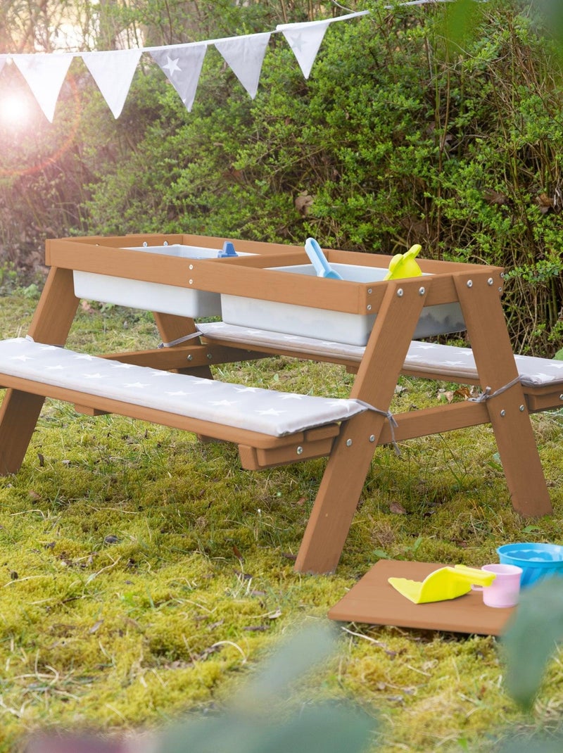 Zand- en watertafel van massief hout voor picknick met 2 kussens - 4 personen 'Roba outdoor+ play' Bruin - Kiabi