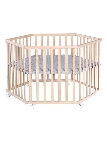Zeshoekige babybox van massief biologisch hout met waterafstotend boxkleed 'cosiplay' roba