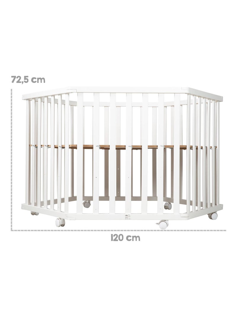 Zeshoekige houten babybox met boxkleed en matras met afneembare hoes 'Roba Style' ROBA Wit Grijs - Kiabi