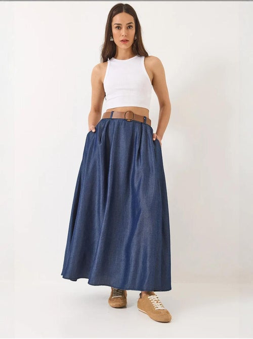 Zomer denim lange uitlopende rok met zakken en riem lucci - Kiabi