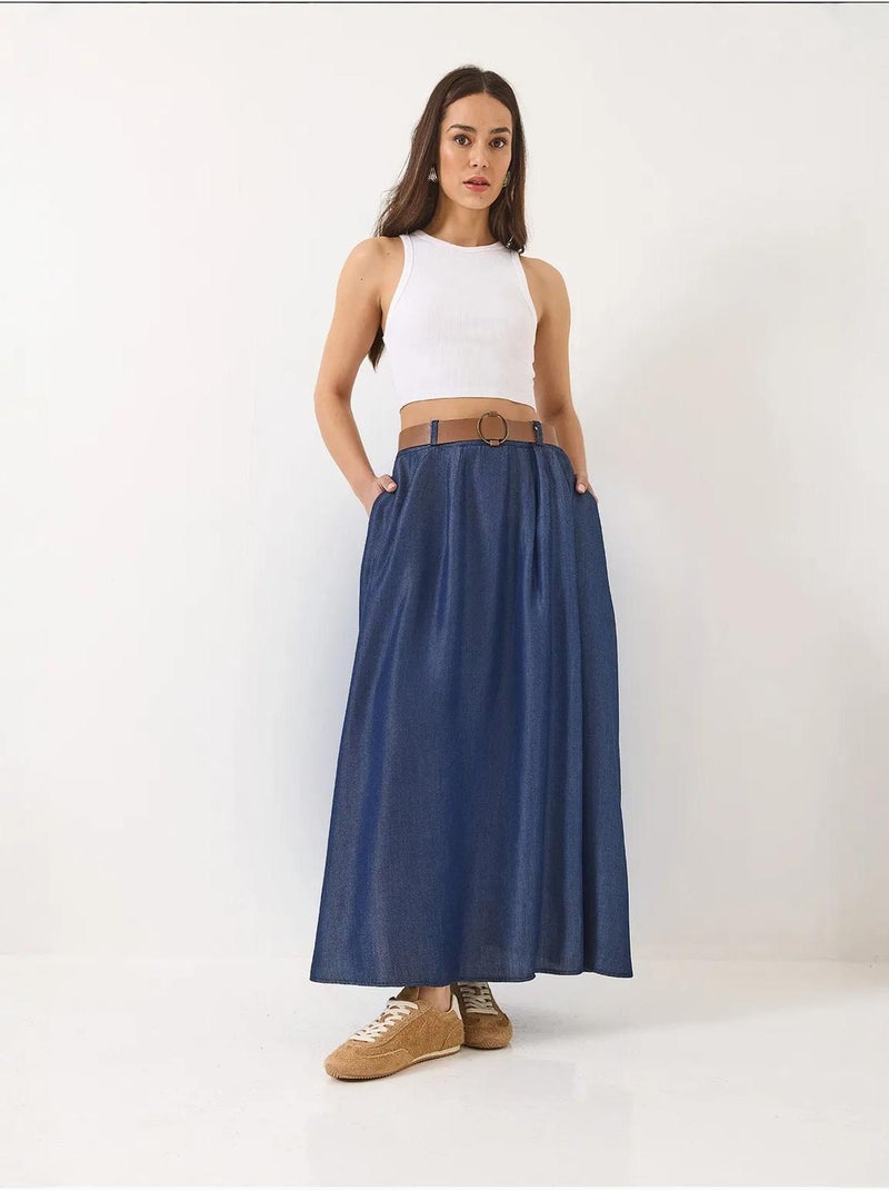 Zomer denim lange uitlopende rok met zakken en riem lucci Marineblauw - Kiabi