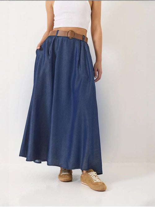 Zomer denim lange uitlopende rok met zakken en riem lucci - Kiabi