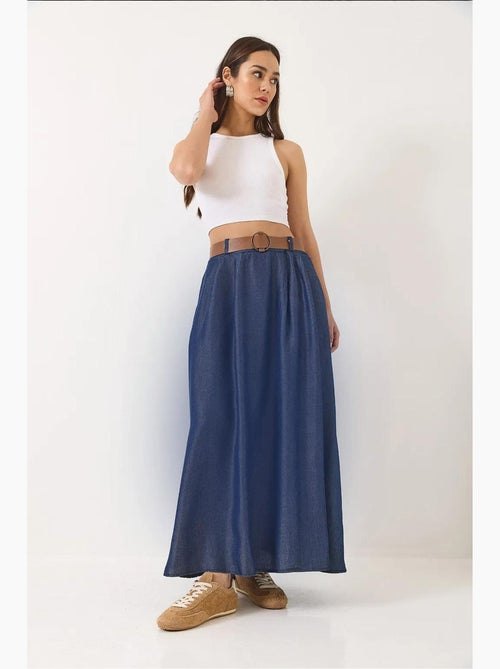 Zomer denim lange uitlopende rok met zakken en riem lucci - Kiabi