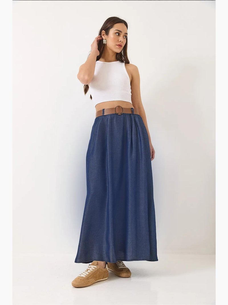 Zomer denim lange uitlopende rok met zakken en riem lucci Marineblauw - Kiabi