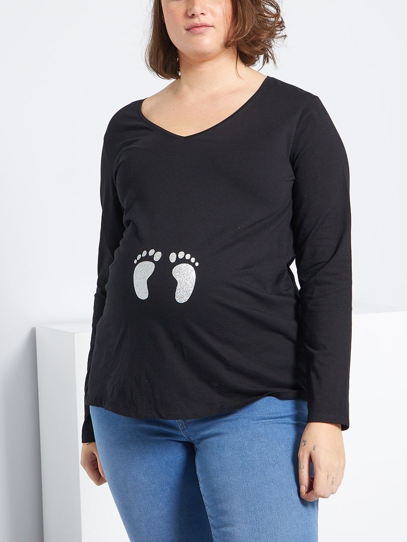 Zwangerschaps-T-shirt met voetjesprint zwart - Kiabi