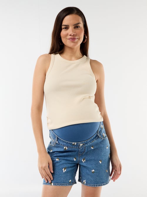 Zwangerschapsdenim bermuda met hoge taille en borduursels - Kiabi