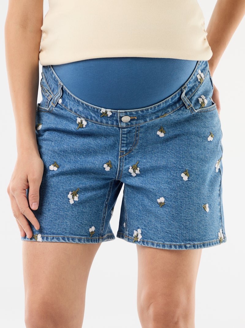Zwangerschapsdenim bermuda met hoge taille en borduursels Blauw - Kiabi