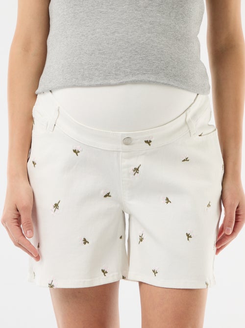 Zwangerschapsdenim bermuda met hoge taille en borduursels - Kiabi