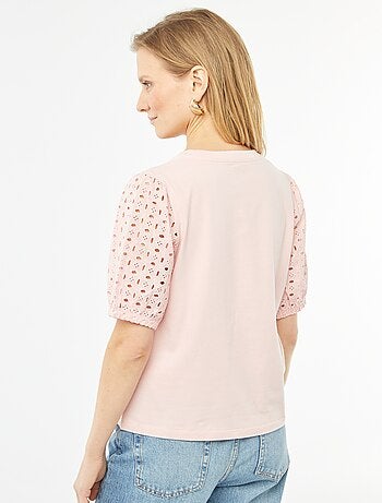Effen T-shirt met korte mouw en Engels kant