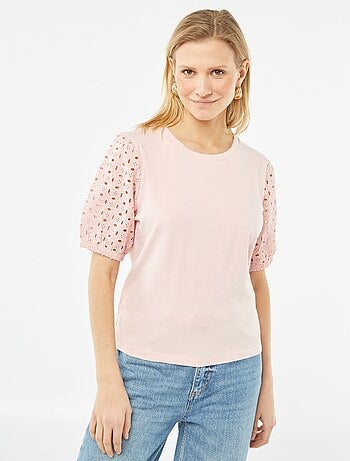 Effen T-shirt met korte mouw en Engels kant