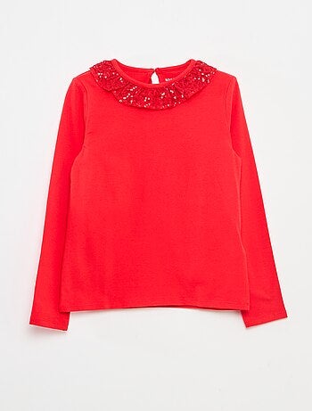 Effen T-shirt met lovertjes en ruches langs de hals