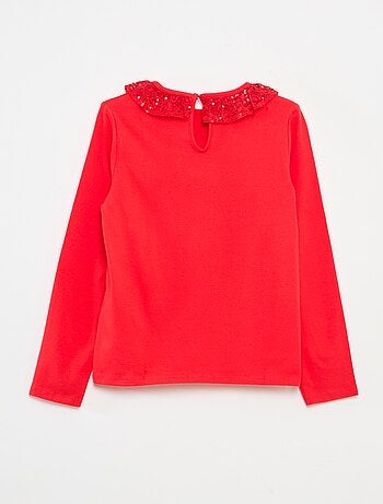 Effen T-shirt met lovertjes en ruches langs de hals
