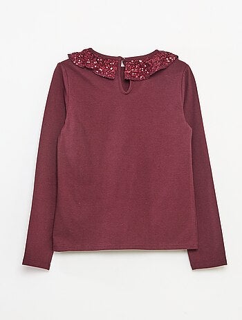 Effen T-shirt met lovertjes en ruches langs de hals