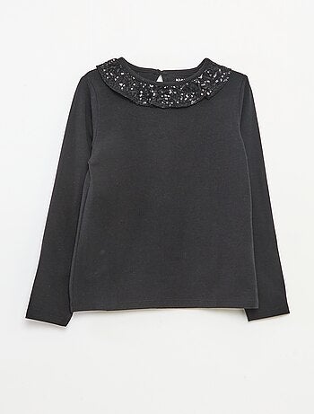 Effen T-shirt met lovertjes en ruches langs de hals