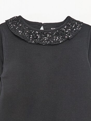 Effen T-shirt met lovertjes en ruches langs de hals