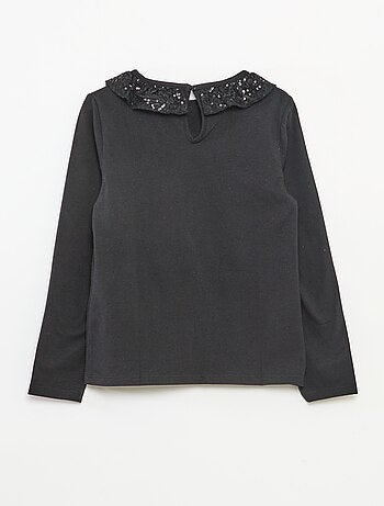Effen T-shirt met lovertjes en ruches langs de hals