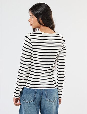 Effen T-shirt van ribstof met henleykraag
