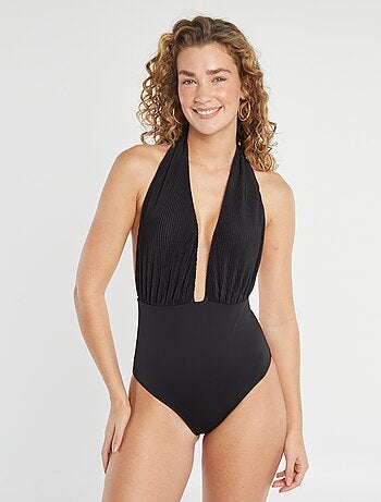 Geplooid badpak met diep uitgesneden decolleté