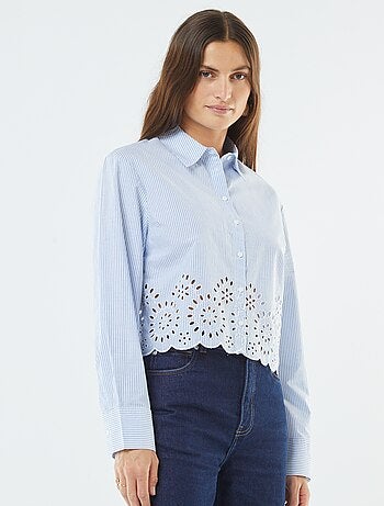 Gestreepte blouse met borduursel onderaan het voorpand