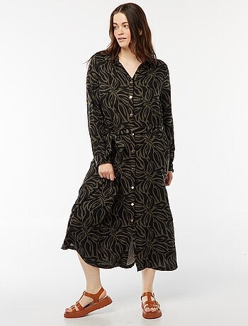 Halflange drukknopenjurk met print en ceintuur