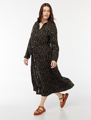 Halflange drukknopenjurk met print en ceintuur