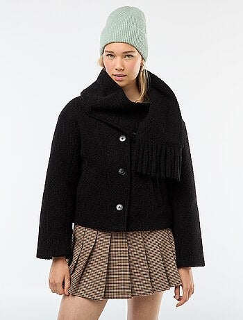 Korte jas van wolachtige stof met afneembare sjaal