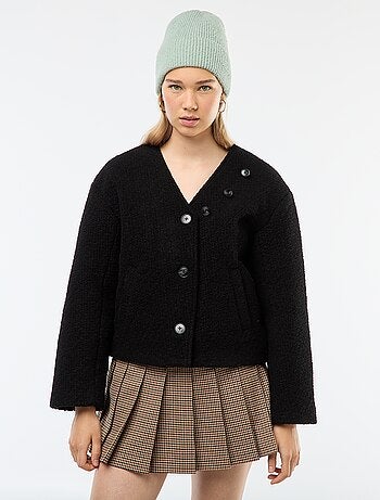 Korte jas van wolachtige stof met afneembare sjaal