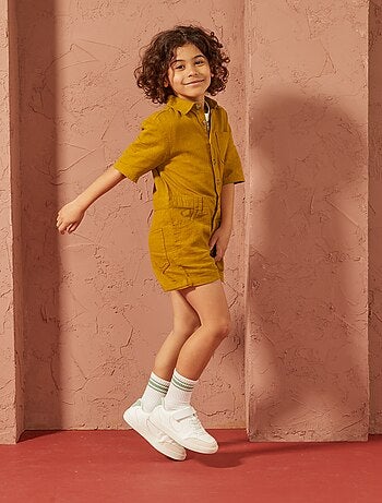 Korte jumpsuit van linnenmix met korte mouw - Uniseks