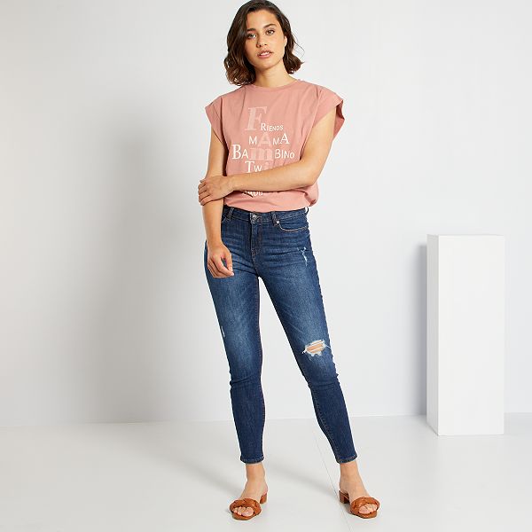 Skinny jeans met hoge taille en destroy-effect Dameskleding - BLAUW - Kiabi  - 18,00€
