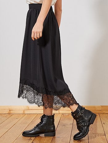 Damesmode maat 34-48 - Soepel, halflang rokje met kant - Kiabi