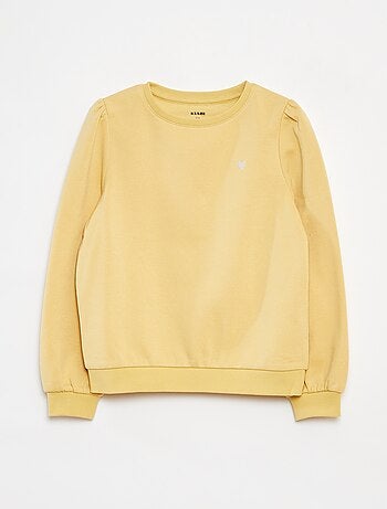 Sweater van joggingstof met borduursel en fronsjes op de schouder