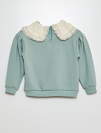 Sweater van joggingstof met kraagje van Engels kant