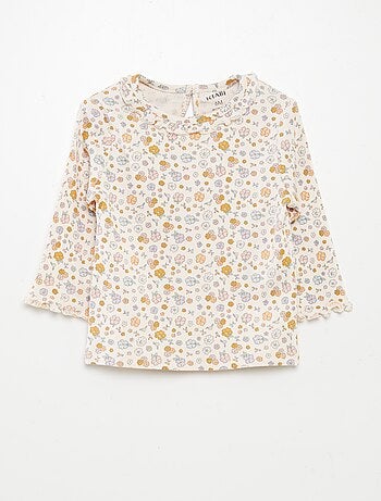 T-shirt met ribbeltextuur en volants rond de hals